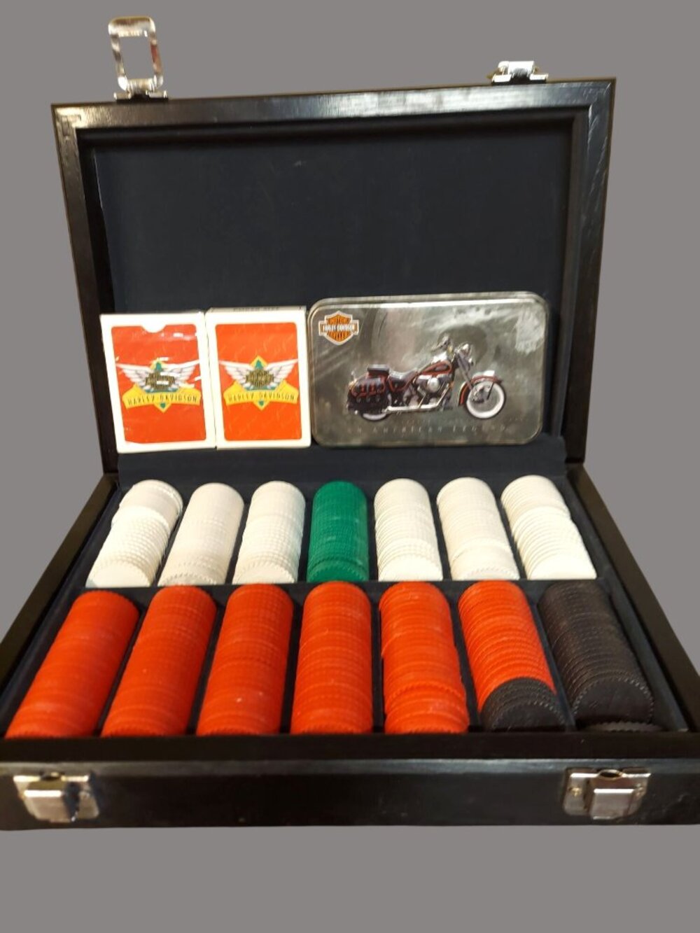 Harley-Davidson Poker Set With Tin Case Playing Cards & Chips 1162